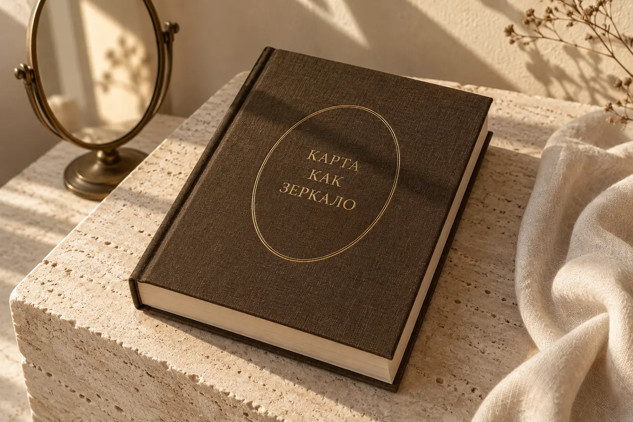 Книга «Карта как зеркало» в тканевом переплёте рядом с овальным зеркалом